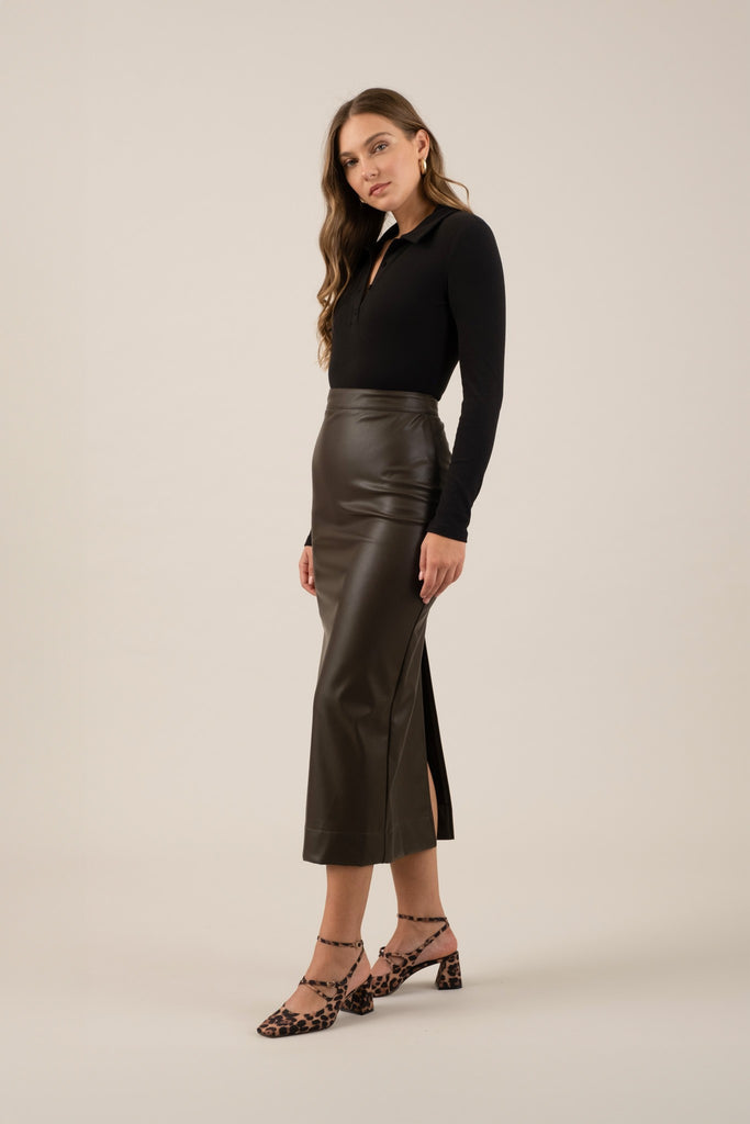 Faux Lthr Midi Skirt