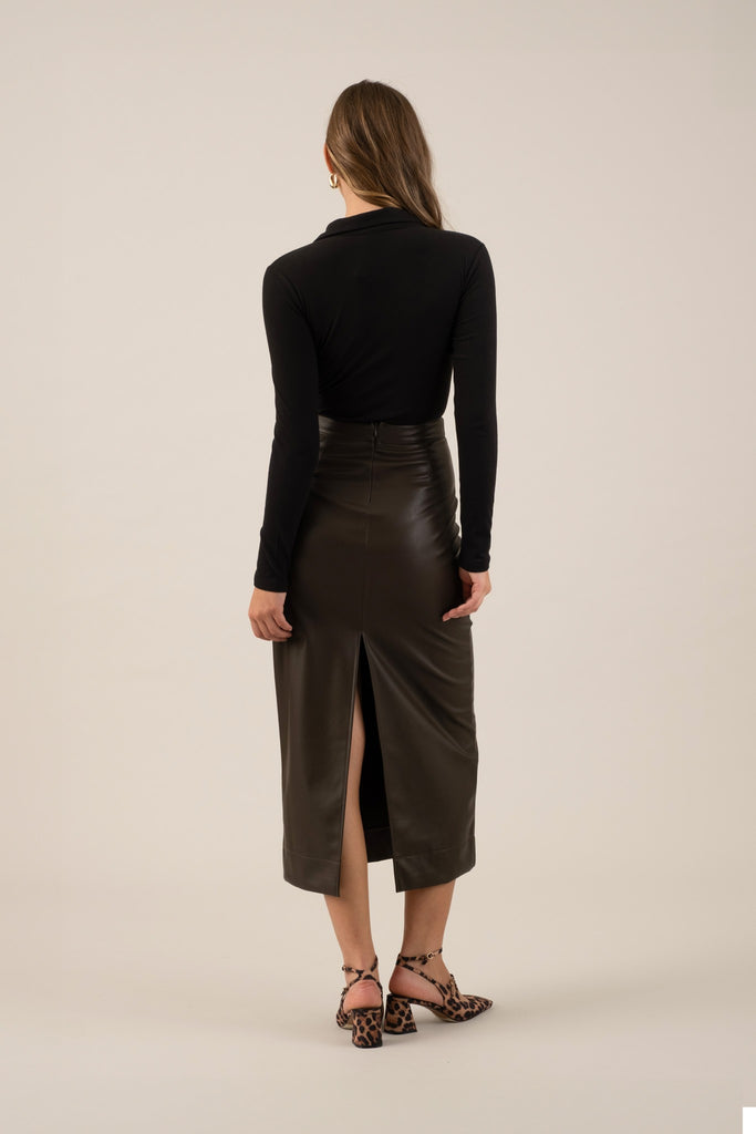 Faux Lthr Midi Skirt